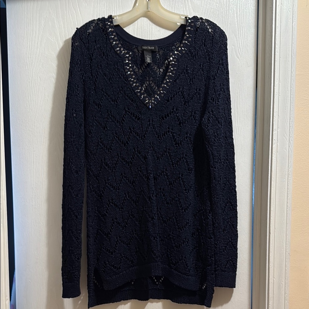 White House Black Market Black Knit Top with Silver Accents